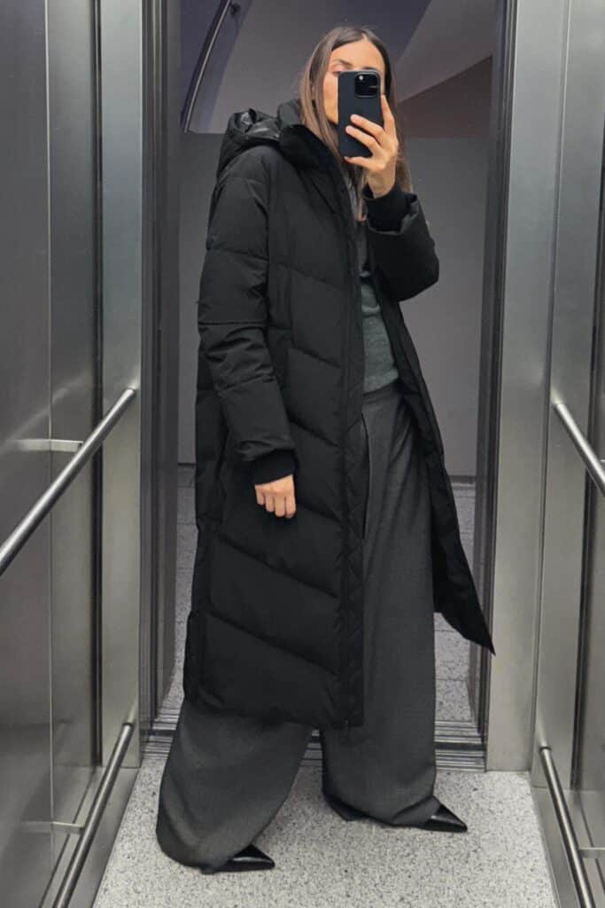 Zara dlouhá puffer jacket podpatky