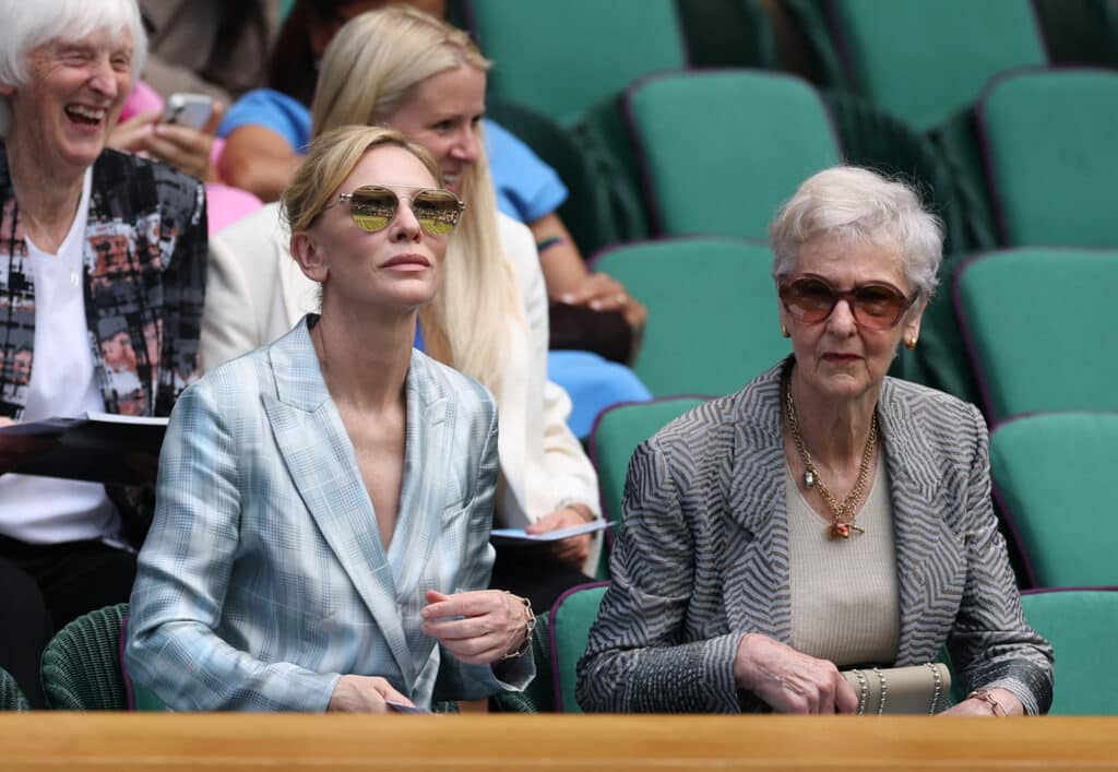 Tennis - Wimbledon - All England Lawn Tennis and Croquet Club, London, Britain - July 1, 2025 Actress Cate Blanchett with her mother June Blanchett in the Royal Box on centre court ahead of the first round match between Czech Republic's Barbora Krejcikova and Philippines' Alexandra Eala REUTERS/Toby Melville